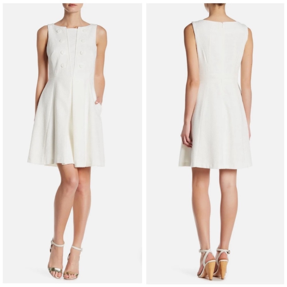 Nanette Lepore Cream Sleeveless Button Detail Pleated Fit & Flare Dress Size 12